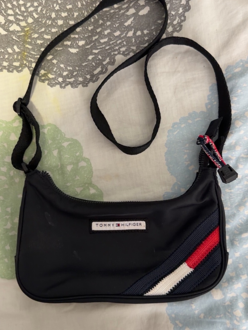 Vintage Tommy Hilfiger Black Crossbody Belt Bag with Red, White and Navy Stripe